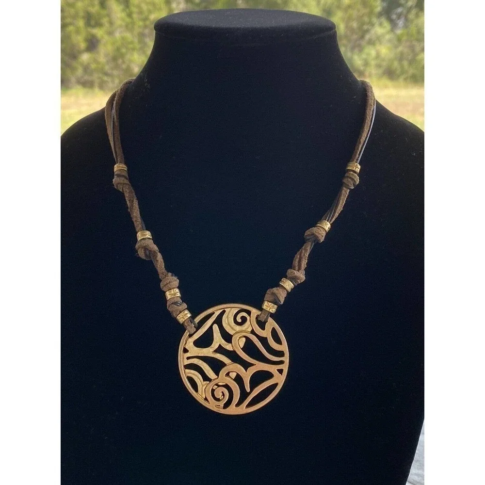 Chico’s Necklace Faux Leather Cord Gold Tone Pendant 18”